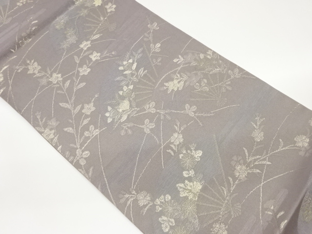 扇に秋草・花々模様織出し夏用袋帯